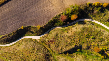 Picturesque Polish Countryside and Farm Field at Fall. Aerial Drone View