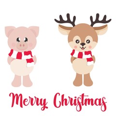 cartoon cute deer with scarf and winter pig with text vector 