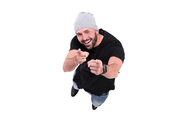 top view. smiling hipster man pointing at you