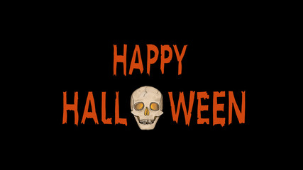 Orange Happy Halloween Text with a spooky Ghost Skull with glowing eyes isolated on Black