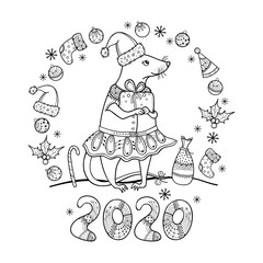 Greeting card with outline happy rat with Christmas gift in black isolated. 