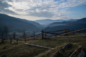 Landscape in the mountains. Fence in the mountain countryside. Canyon.