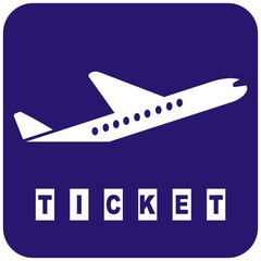 Airplane, ticket, web icon, white silhouette of airplane on blue background, eps.