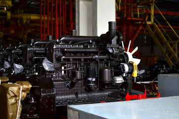 New engines for trucks and tractors on an industrial factory assembly line, background, texture