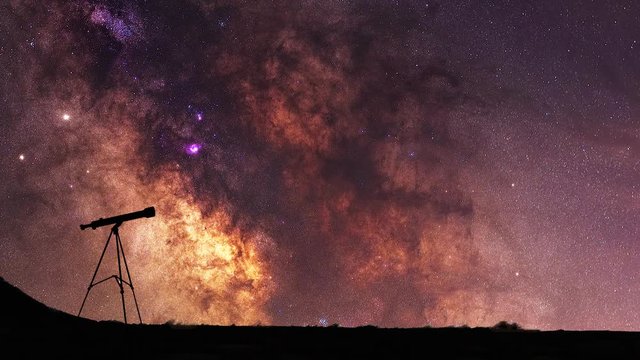 Close up milky way animation. Silhouette of a telescope at the starry night and bright milky way galaxy.
