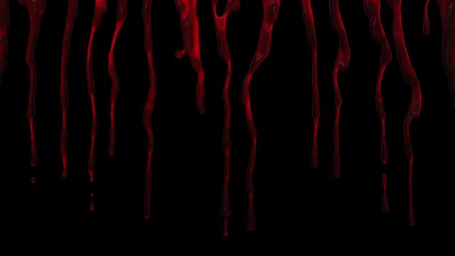 Blood dripping down along the screen isolated with alpha channel included.
