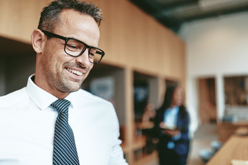 Mature businessman smiling while standing in a modern office