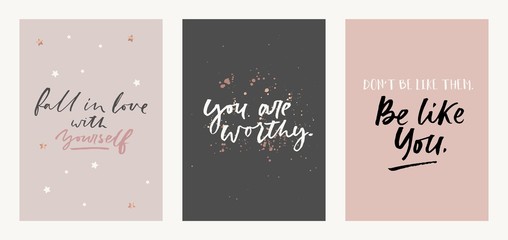 Inspirational quote set with brush lettering vector illustration. Poster fall in love with yourself, you are worthy, dont be like them be like you motivational phrase decorated by golden sparkles - obrazy, fototapety, plakaty