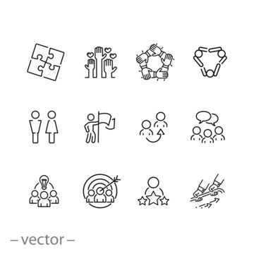 icon set of resource people collaboration, meeting people business group, office teamwork, human support, thin line web symbols on white background - editable stroke vector illustration eps10