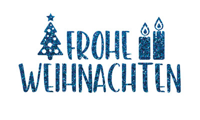 Frohe Weinachten - glitzernde Buchstaben und weihnachtliche Symbole - obrazy, fototapety, plakaty