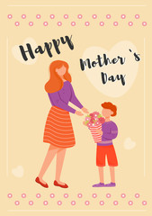 Mothers day greeting card flat vector template. Son congratulate mom, giving flowers on pink background. Family holiday postcard design layout. Poster, banner with cartoon characters and lettering