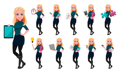 Young beautiful business woman, set
