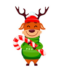Funny reindeer holding big candy cane