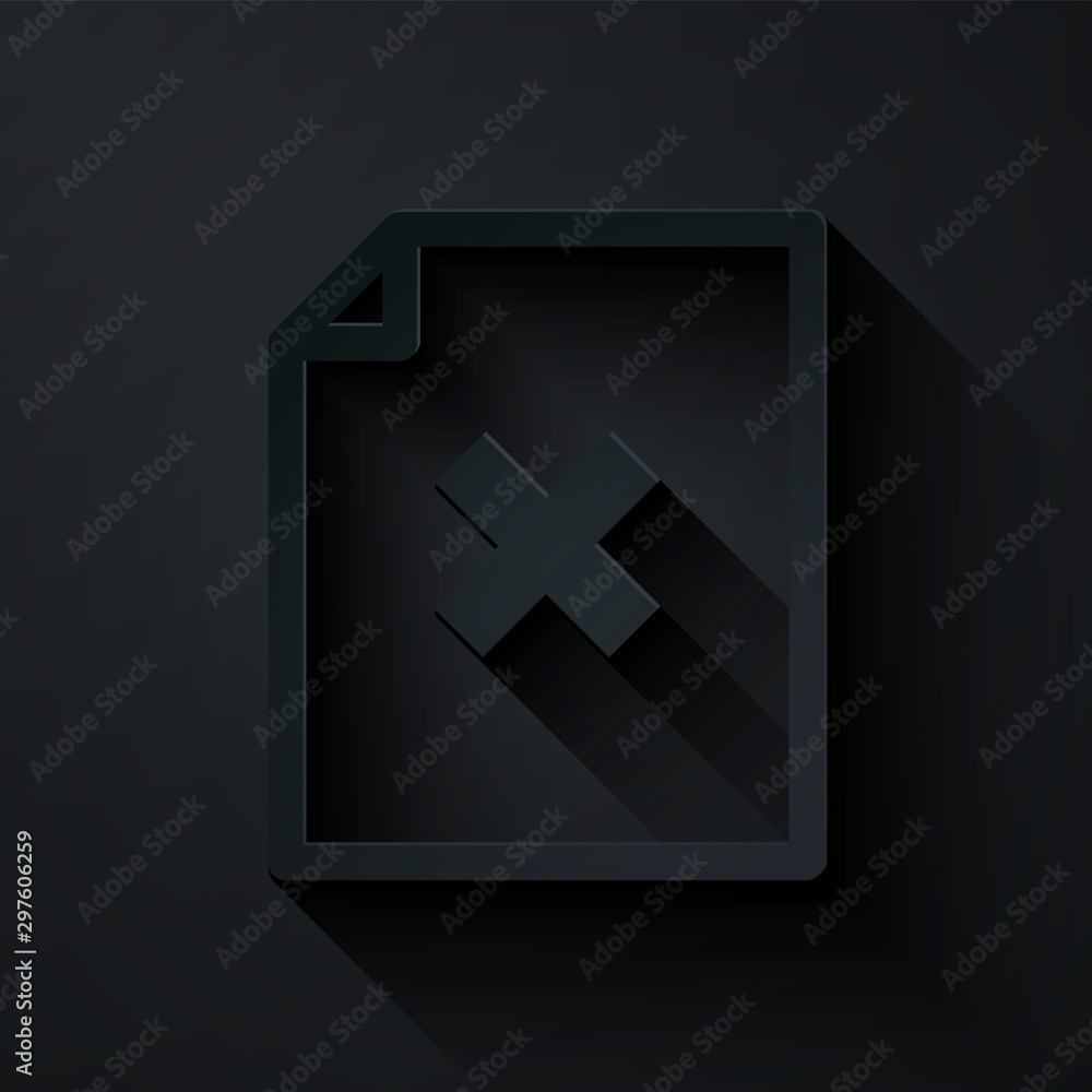 Poster paper cut delete file document icon isolated on black background. rejected document icon. cross on p
