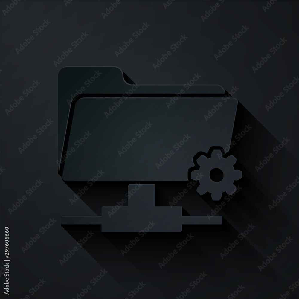 Poster paper cut ftp settings folder icon isolated on black background. software update, transfer protocol,