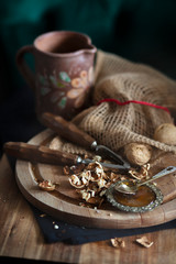 Nuts on a wooden table