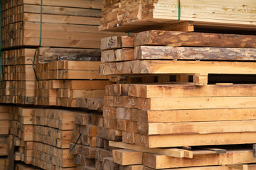 Satck of Timber are storaged in the wood warehouse - 297607068