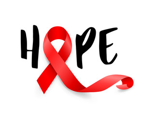 Hope lettering design with red ribbon. World AIDS day.  AIDS Awareness ribbon. Illustration isolated on white background.