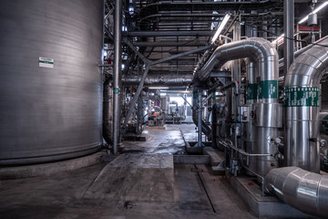 View of the plant from the outside, pipes smoke, wind turbines in the sea, barrels, tanks, thermal power plant, modern, technological waste processing plant, garbage processing plant