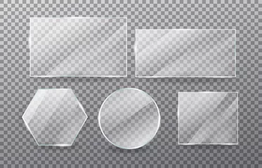 Fotobehang Realistic transparent glass window set. Collection of Glass plates on transparent background. Acrylic and glass texture with glares and light.  Rectangle frame. Vector. © ABC Vector