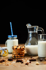Chocolate chip cookies with milk. Chip cookies shot