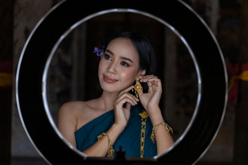 Asian women Thailand is dress traditional thai culture. LED Ring Make up woman is beatiful.