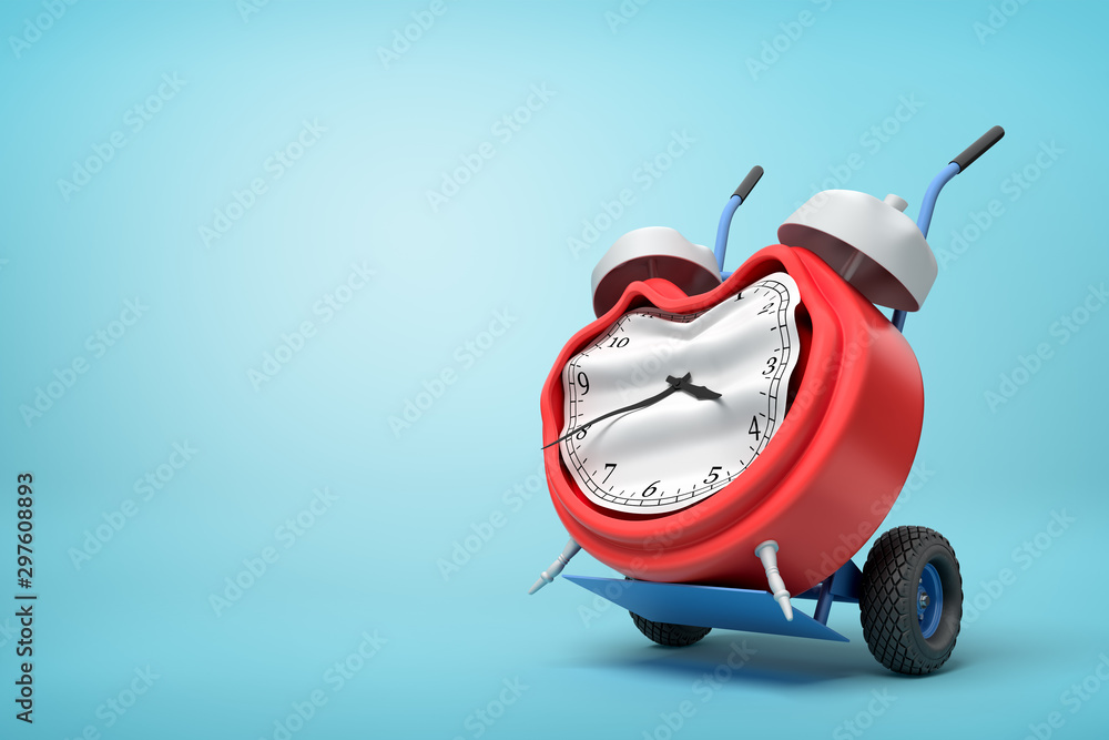 Poster 3d rendering of smashed broken alarm clock on a hand truck on blue background