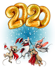Year of the rat. Mice fly on balls in the form of numbers 2020.
