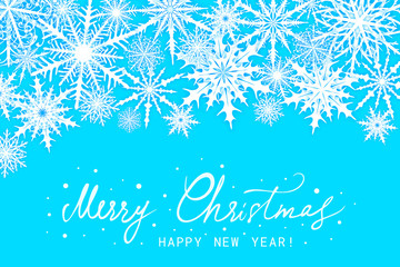 Fototapeta na wymiar Merry Christmas and Happy New Year greeting card with snowflakes on blue background. Vector illustration