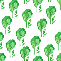 Seamless pattern on the ecological theme of watercolor tree and green leaf on a white background