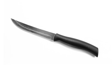 Metal knife with black handle. Close up. Isolated on white background