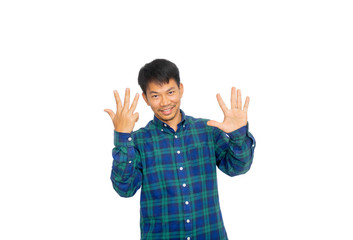 An Asian untidy man in blue plaid shirt is showing number nine symbol by his fingers.