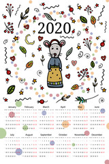 The calendar 2020 Rodent girl, cute animal in a beautiful dress. - Vector. Vector illustration