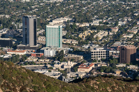Mountaintop view of the Burbank Media District in the San Fernando Valley area of Los Angeles, California.