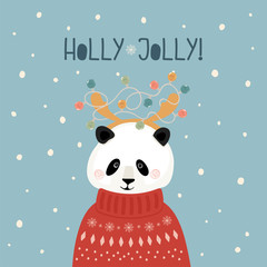 Cute Christmas card with Panda in sweater with horns and garland in flat style. Handwritten lettering Holly Jolly. Greeting card, banner, postcard. Vector illustration.