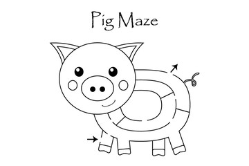 Labyrinth game, find a way out of the maze, easy level for toddlers, cartoon pig, preschool worksheet activity for kids, task for the development of logical thinking, vector illustration