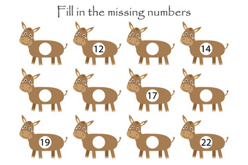 Game with donkeys for children, fill in the missing numbers, middle level, education game for kids, school worksheet activity, task for the development of logical thinking, vector illustration