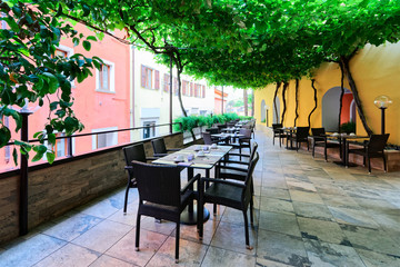 Terrace of Hotel breakfast restaurant interior and background architecture