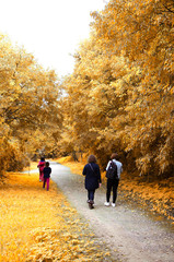 Obraz premium Family (two women and two girls) walking in a park in autumn. Oromana Park, Alcalá de Guadaira, Seville, Spain