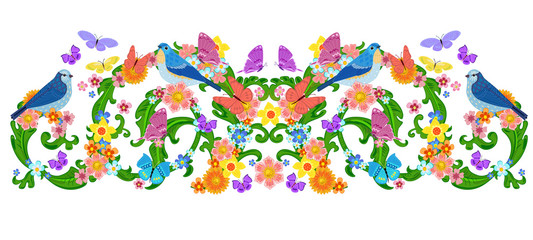 isolated vintage floral border with butterflies, birds for your