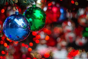 Christmas ornaments on the Christmas tree with bokeh background
