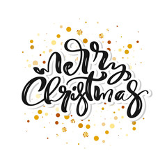 Merry Christmas vector calligraphic handwritten text and frame with golden confetti. Xmas holidays lettering for greeting card, modern winter season postcard