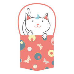 Cute hand drawn cat peeking out from a bag with butterflies and circles. Multicolor illustration in pink, teal, yellow. Editable background. Great for stationery, cards, girl products, invitations