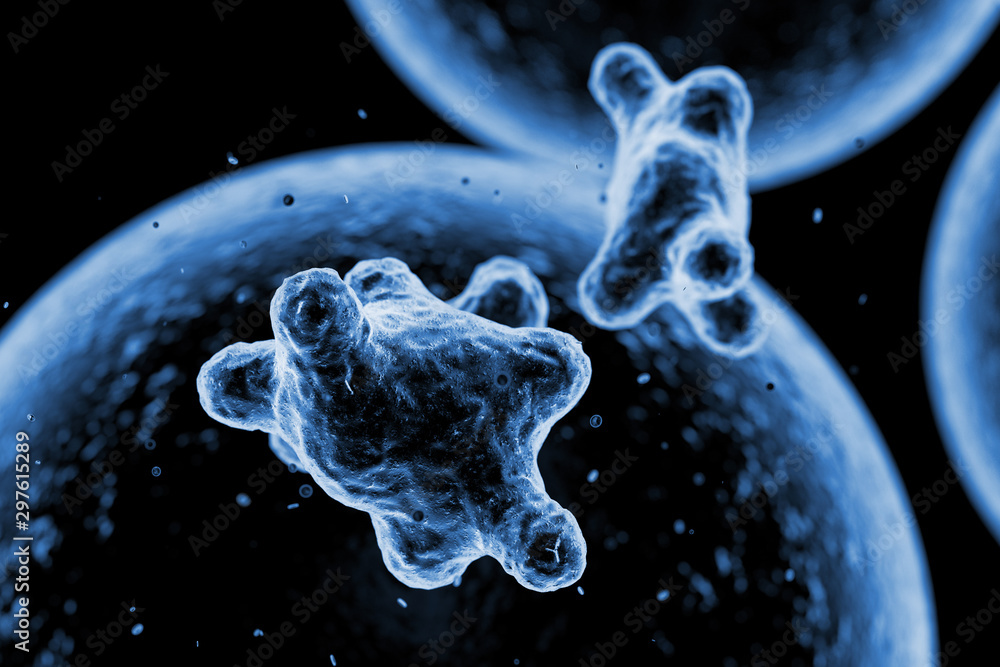 Poster virus cells or bacteria microscopic view. 3d rendering