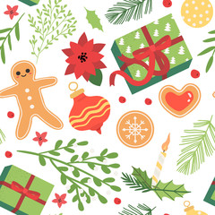 Vector illustration of different christmas and new year decorations, floral elements and homemade ginger cookies. Seamless pattern for wrapping paper, fabric, packaging, textile print design.