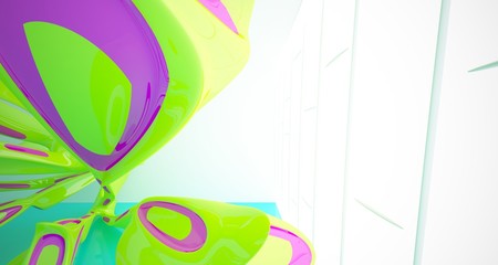 Abstract smooth architectural white interior with color gradient of a minimalist house with large windows. 3D illustration and rendering.