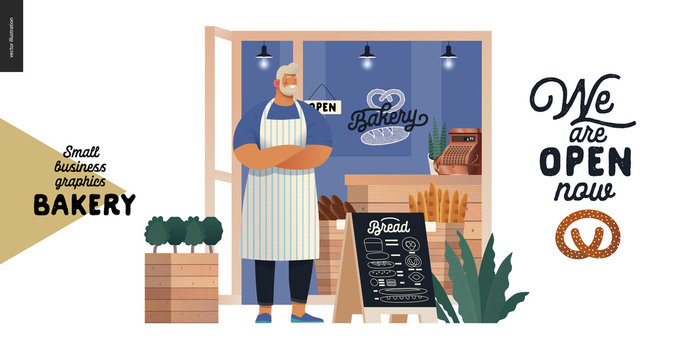 Bakery -small business illustrations -bakery owner -modern flat vector concept illustration of a baker wearing apron in front of the shop facade, pavement sign - blackboard with offering