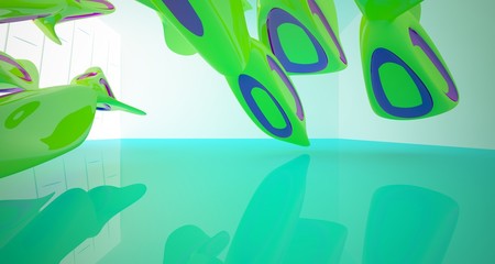 Abstract smooth architectural white interior with color gradient of a minimalist house with large windows. 3D illustration and rendering.