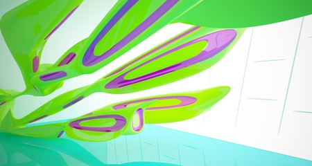 Abstract smooth architectural white interior with color gradient of a minimalist house with large windows. 3D illustration and rendering.