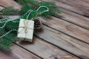 copy spaсe, Christmas card, Christmas tree branches, decorations and gift boxe